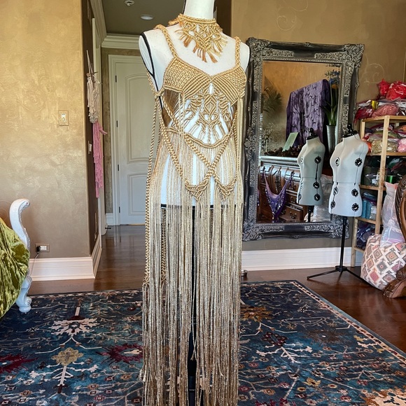 Handmade Macrame Rope Sleek Gold Dress Festival - Picture 3 of 9